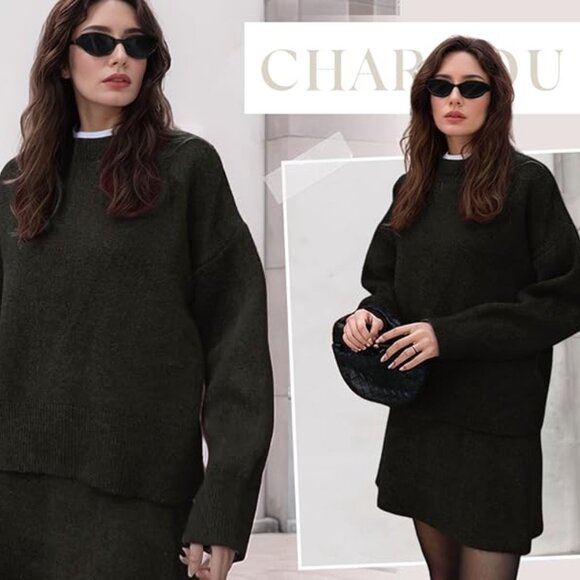 Black Ribbed Fall Skirt Set  Ribbed Sweater and Mini Skirt L - Picture 2 of 15